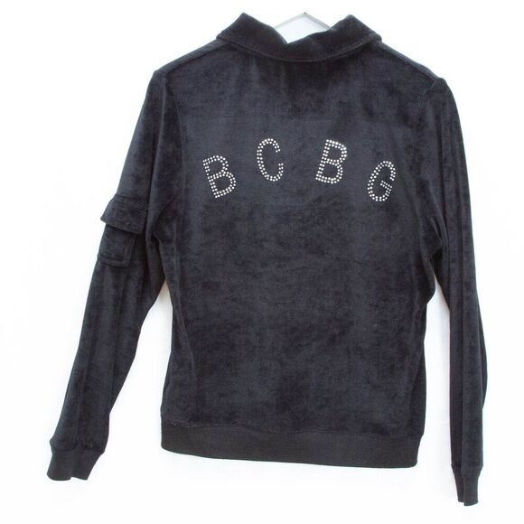 Vgt Y2K BCBG Rhinestones Bling Logo Black Velvet Tracksuit Jacket Sz L Full Zip - Picture 2 of 10
